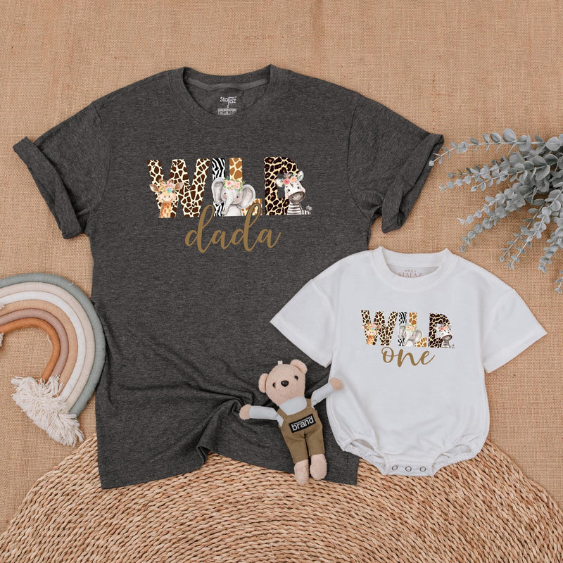 Safari Wild One Birthday Shirt for Baby, Toddler Matching Family Outfit with Animal Prints, Custom Name First Birthday Party Gift