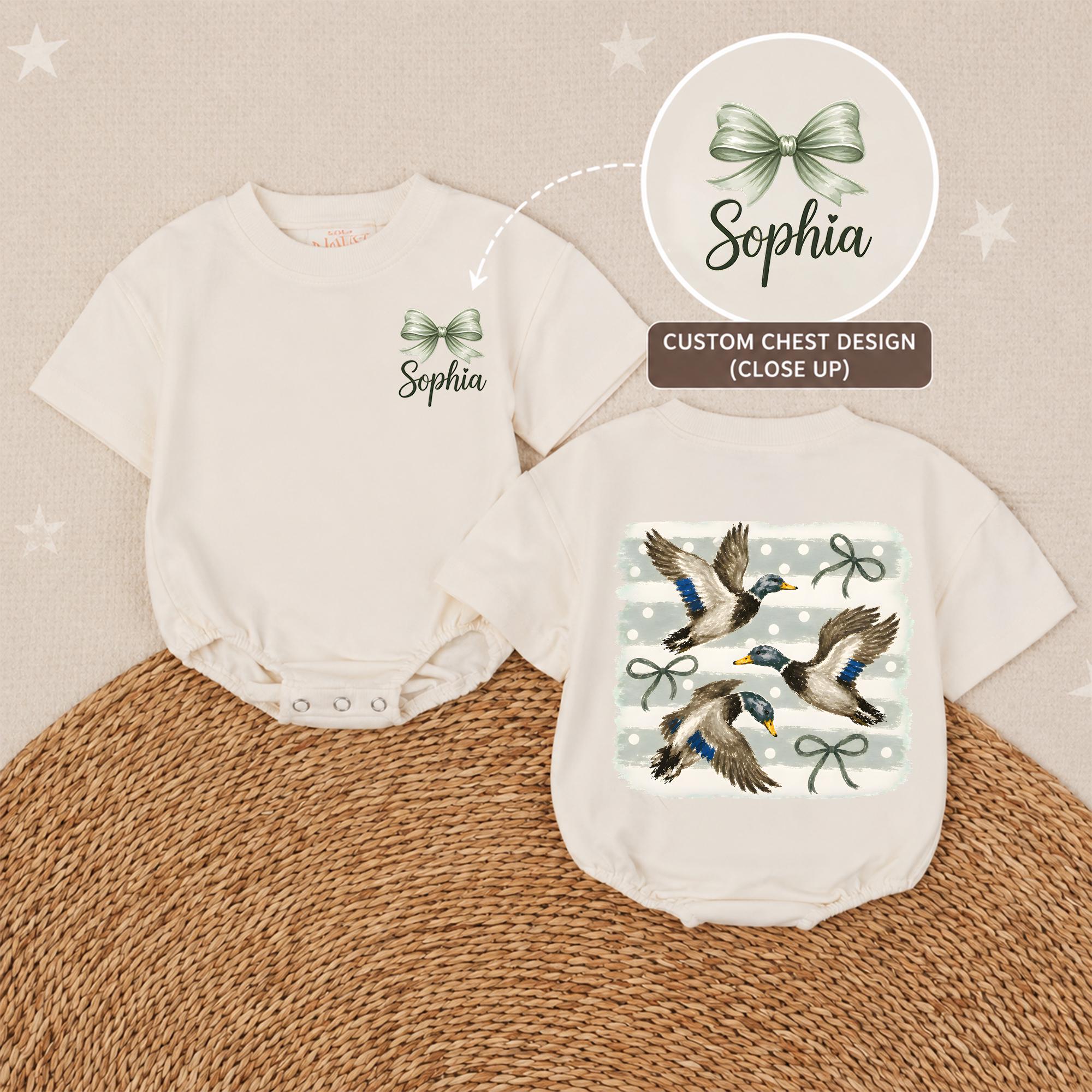 Sage Green Bow & Mallard Duck Baby Girl Romper with Custom Name, Hunting-Themed Infant Outfit for Newborn Photos or Baby Shower