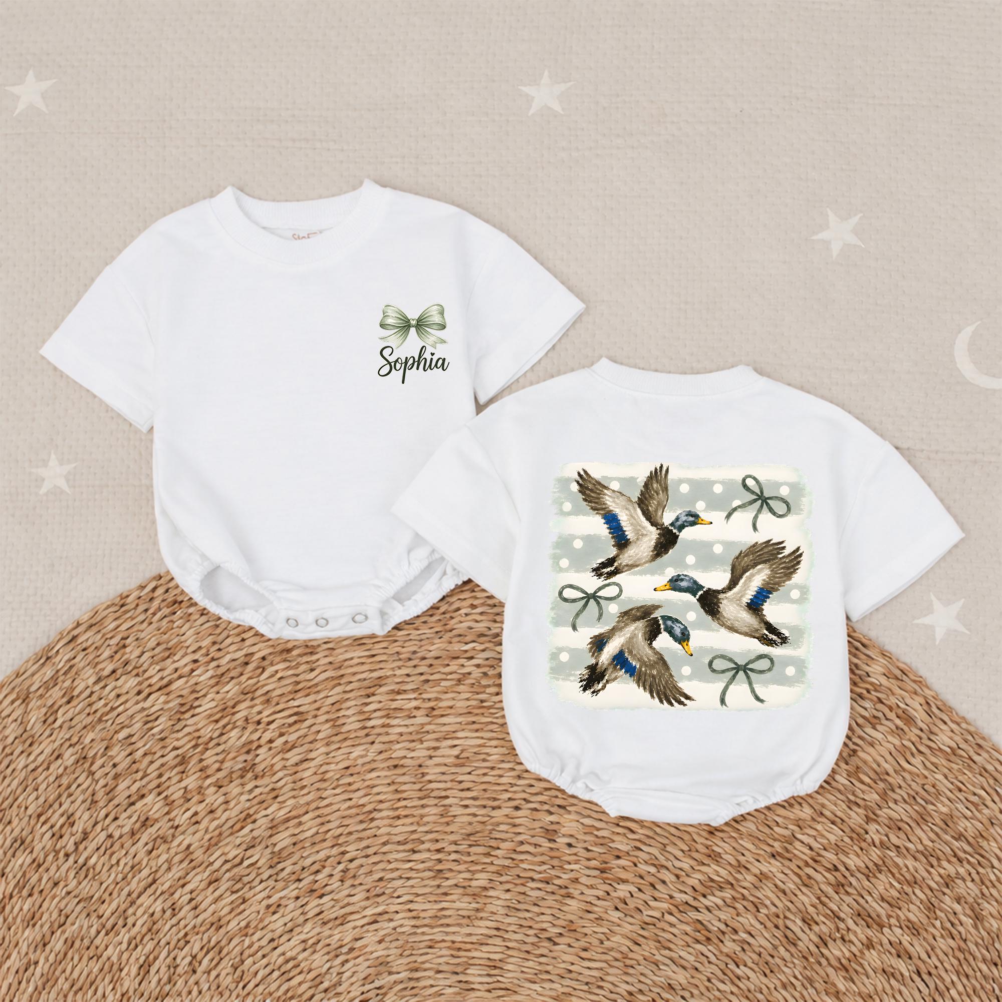 Sage Green Bow & Mallard Duck Baby Girl Romper with Custom Name, Hunting-Themed Infant Outfit for Newborn Photos or Baby Shower