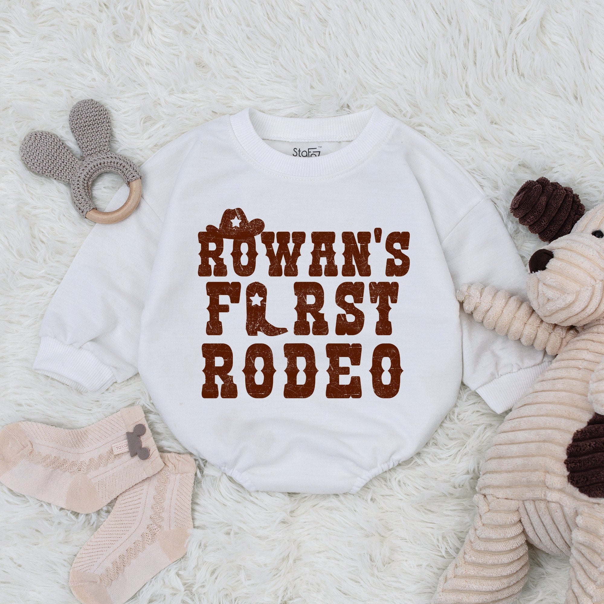 Samuel's First Rodeo Cowboy Birthday Romper Baby Outfit Western Theme Cotton Infant Bodysuit Gift Idea Personalized Name Soft Comfortable