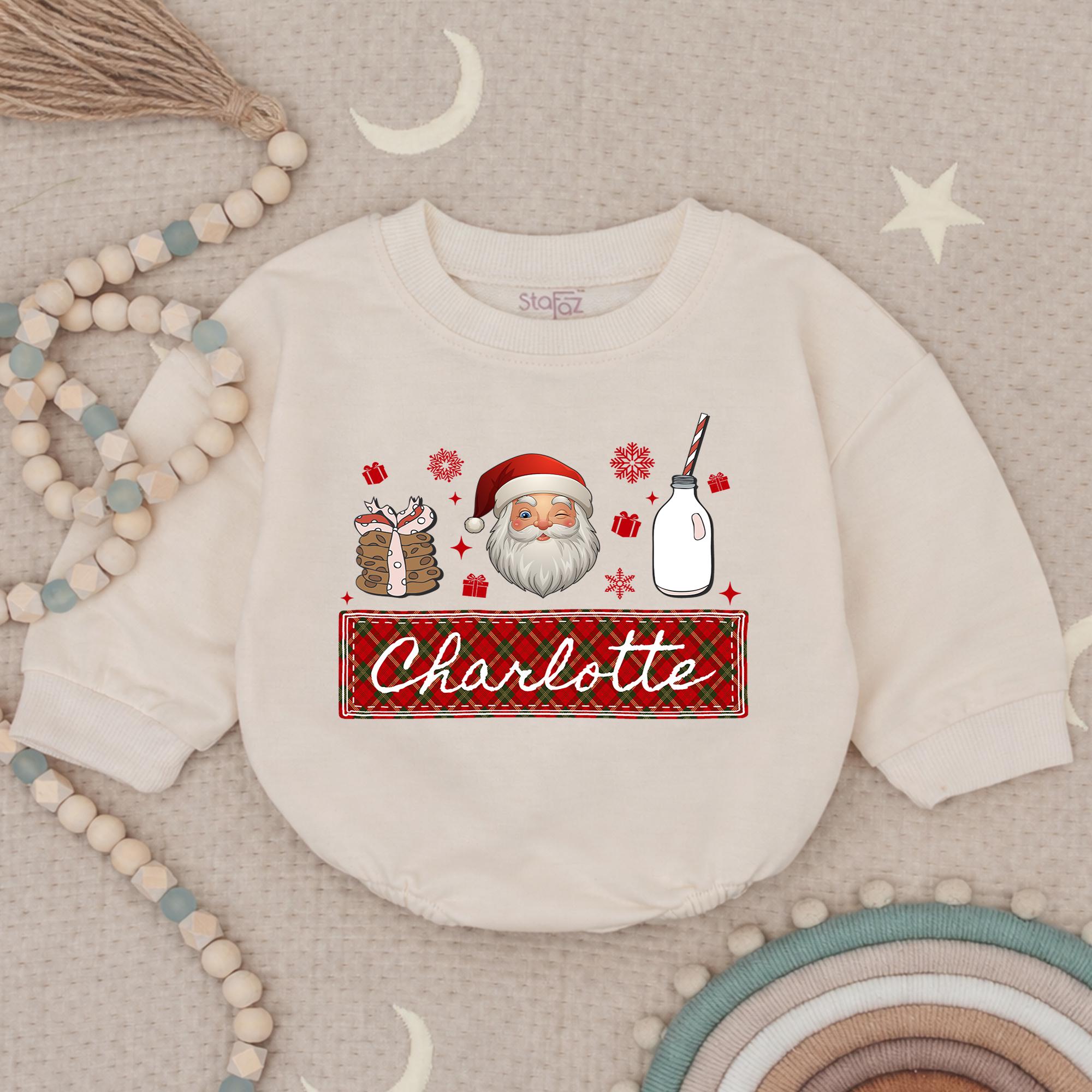 Santa Claus Milk & Cookies Baby Romper with Custom Name, Festive Christmas Infant Outfit, Holiday Baby Shower Gift
