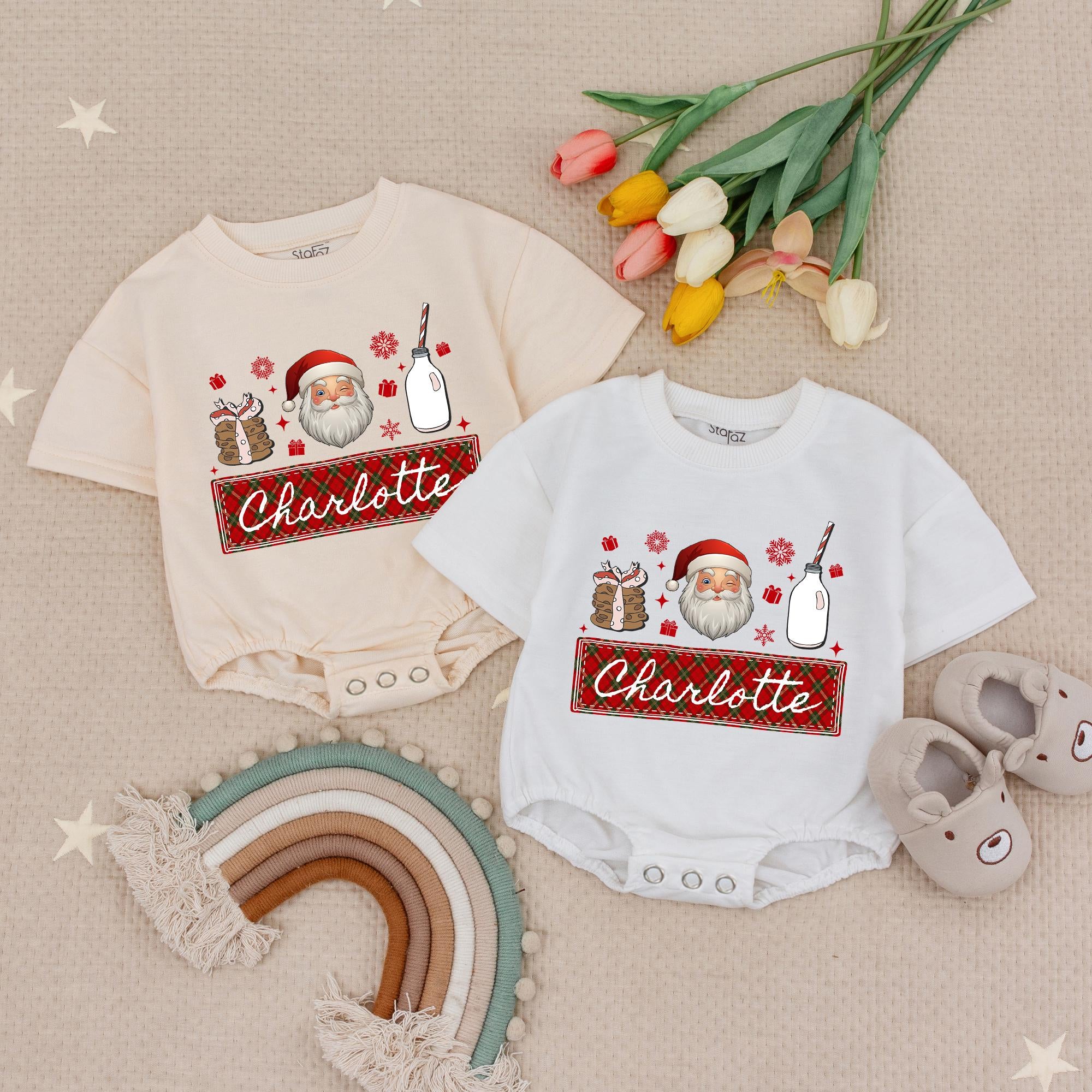 Santa Claus Milk & Cookies Baby Romper with Custom Name, Festive Christmas Infant Outfit, Holiday Baby Shower Gift