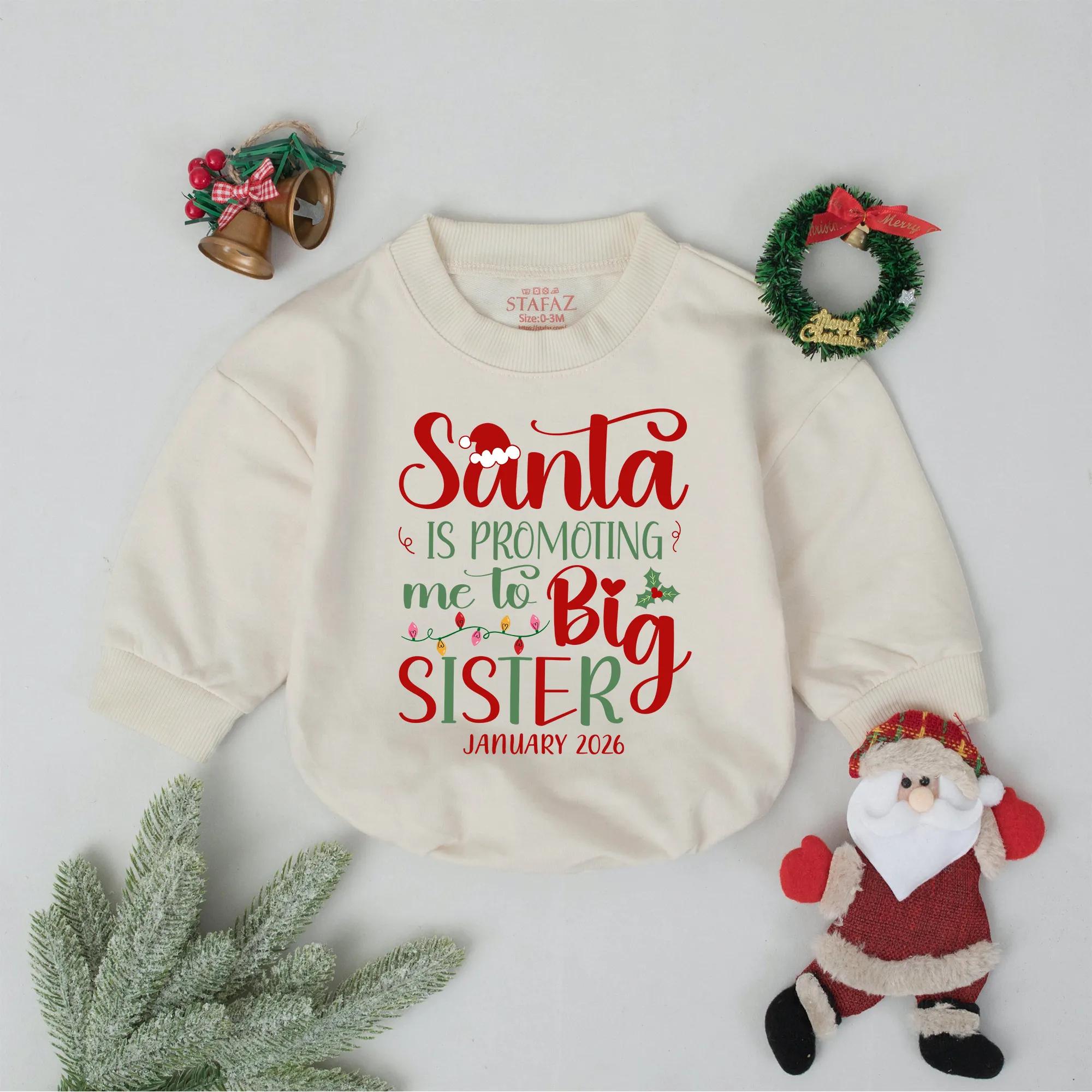 Santa Is Promoting Me to Big Sister Romper with Custom Date, Christmas Pregnancy Announcement Outfit, Holiday Toddler Clothes