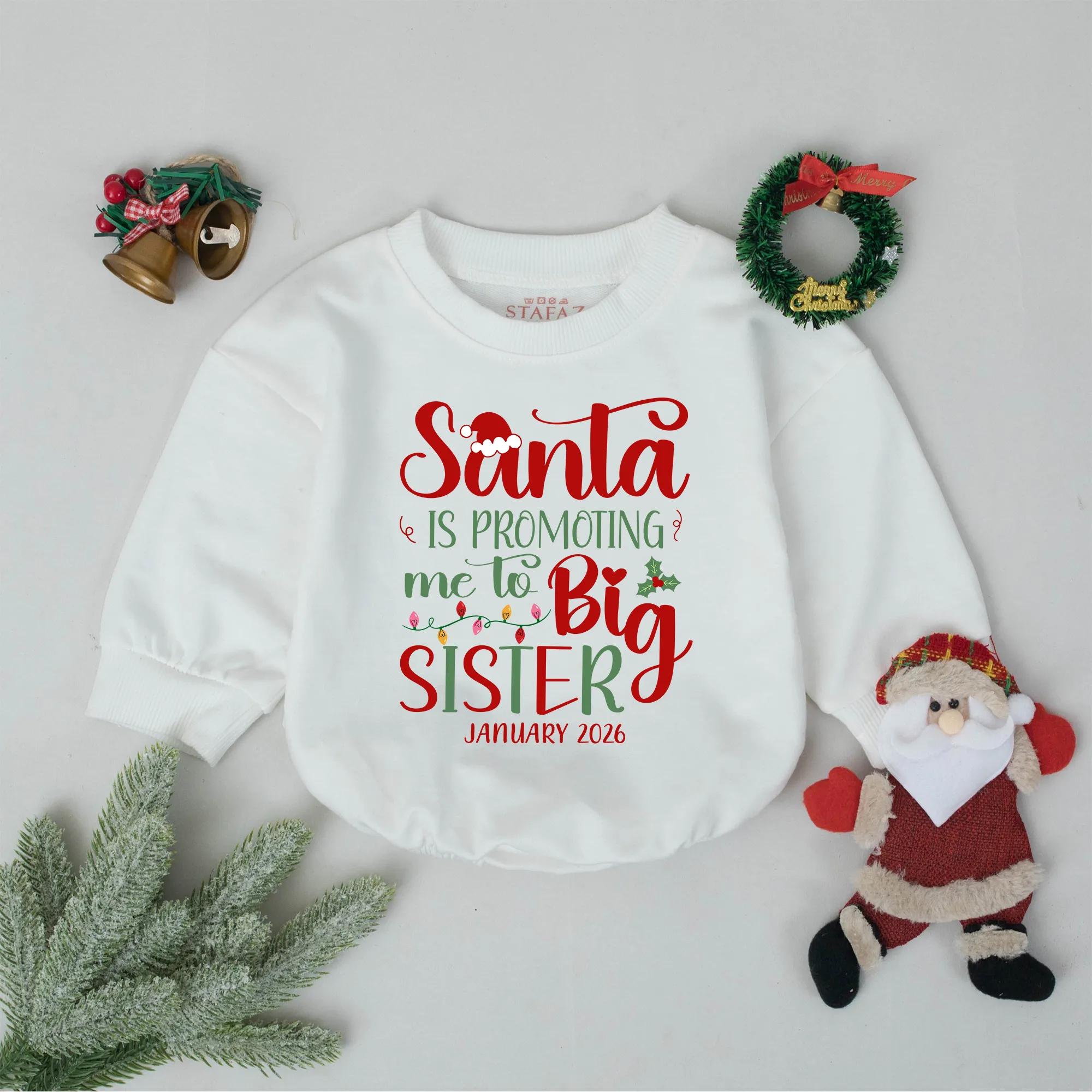 Santa Is Promoting Me to Big Sister Romper with Custom Date, Christmas Pregnancy Announcement Outfit, Holiday Toddler Clothes