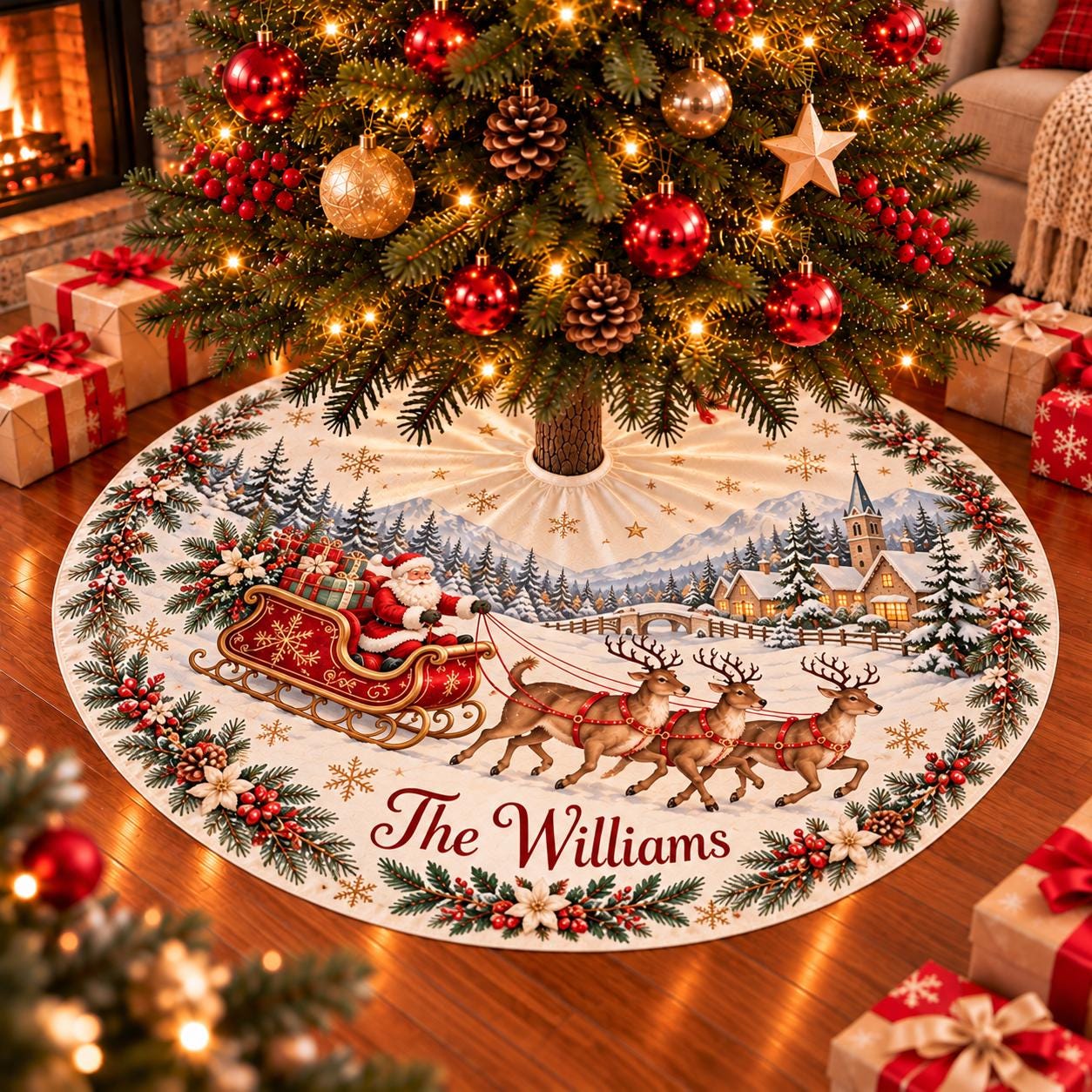 Santa Sleigh Christmas Tree Skirt with Reindeer and Village Scene, Personalized Holiday Decor with Custom Family Name