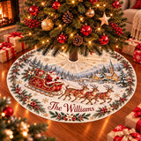 Santa Sleigh Christmas Tree Skirt with Reindeer and Village Scene, Personalized Holiday Decor with Custom Family Name