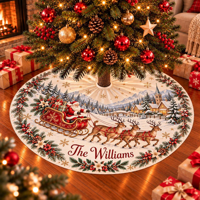 Santa Sleigh Christmas Tree Skirt with Reindeer and Village Scene, Personalized Holiday Decor with Custom Family Name