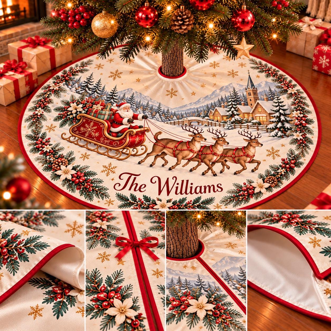 Santa Sleigh Christmas Tree Skirt with Reindeer and Village Scene, Personalized Holiday Decor with Custom Family Name