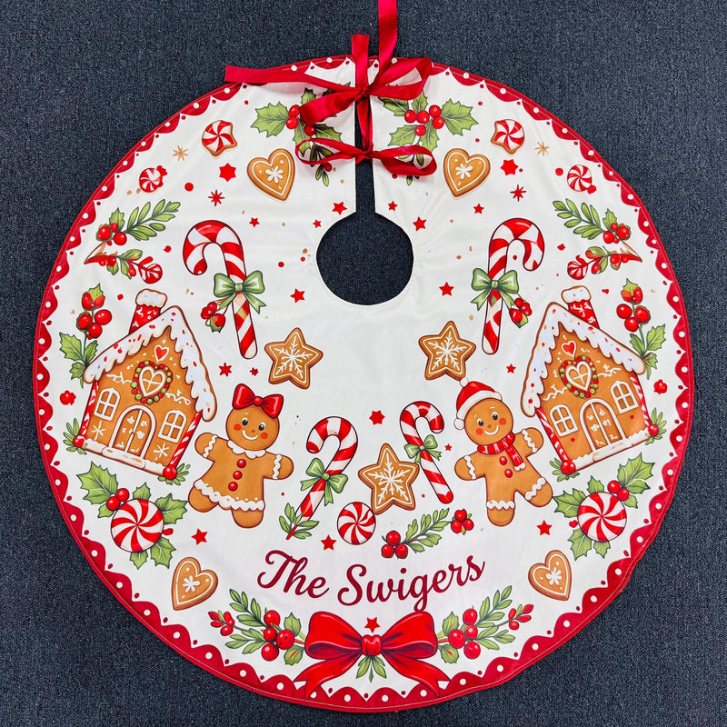 Santa Sleigh Christmas Tree Skirt with Reindeer and Village Scene, Personalized Holiday Decor with Custom Family Name