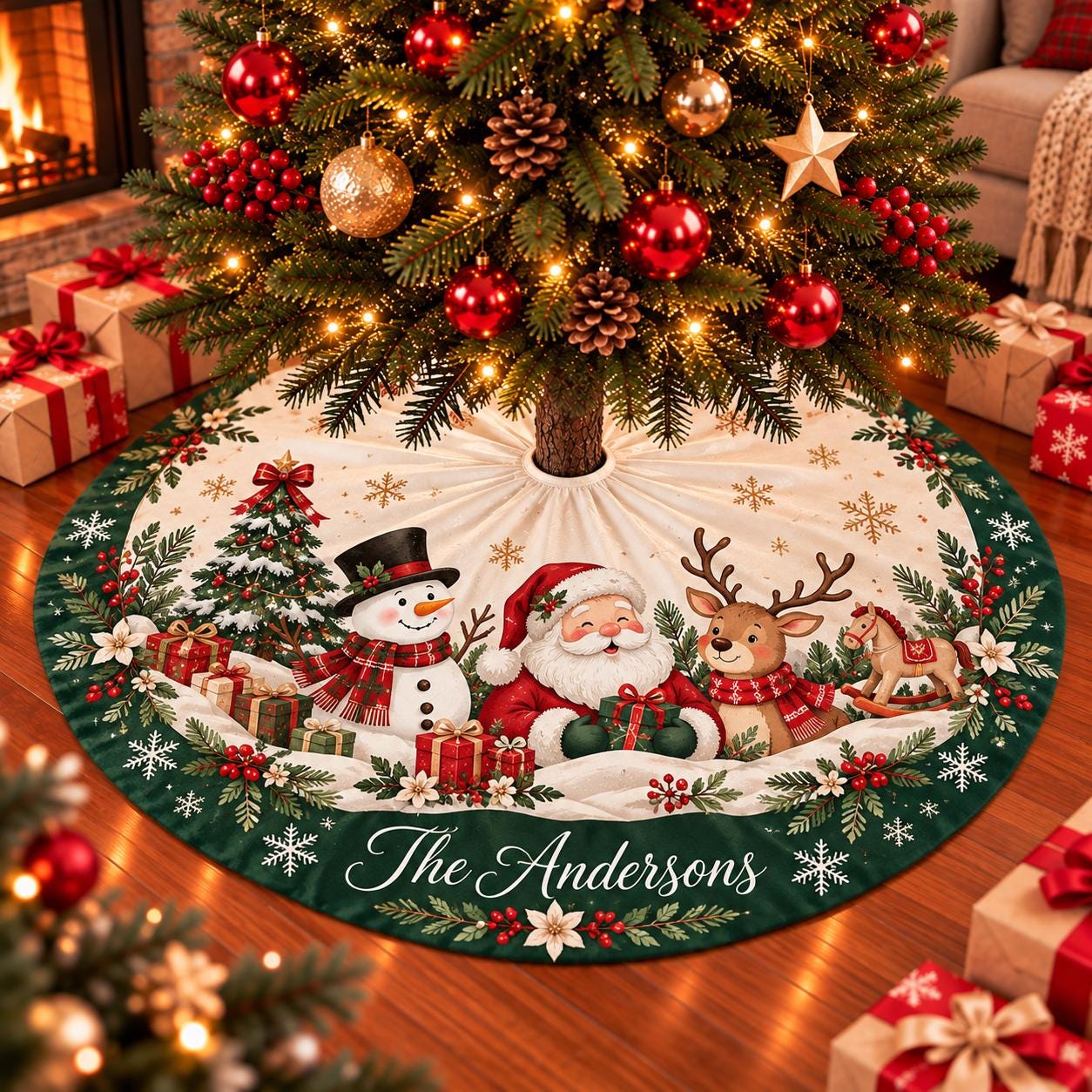 Santa, Snowman & Reindeer Christmas Tree Skirt with Custom Family Name, Festive Holiday Decor for Rustic Farmhouse Style Homes