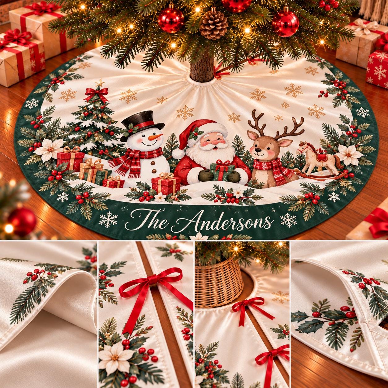Santa, Snowman & Reindeer Christmas Tree Skirt with Custom Family Name, Festive Holiday Decor for Rustic Farmhouse Style Homes