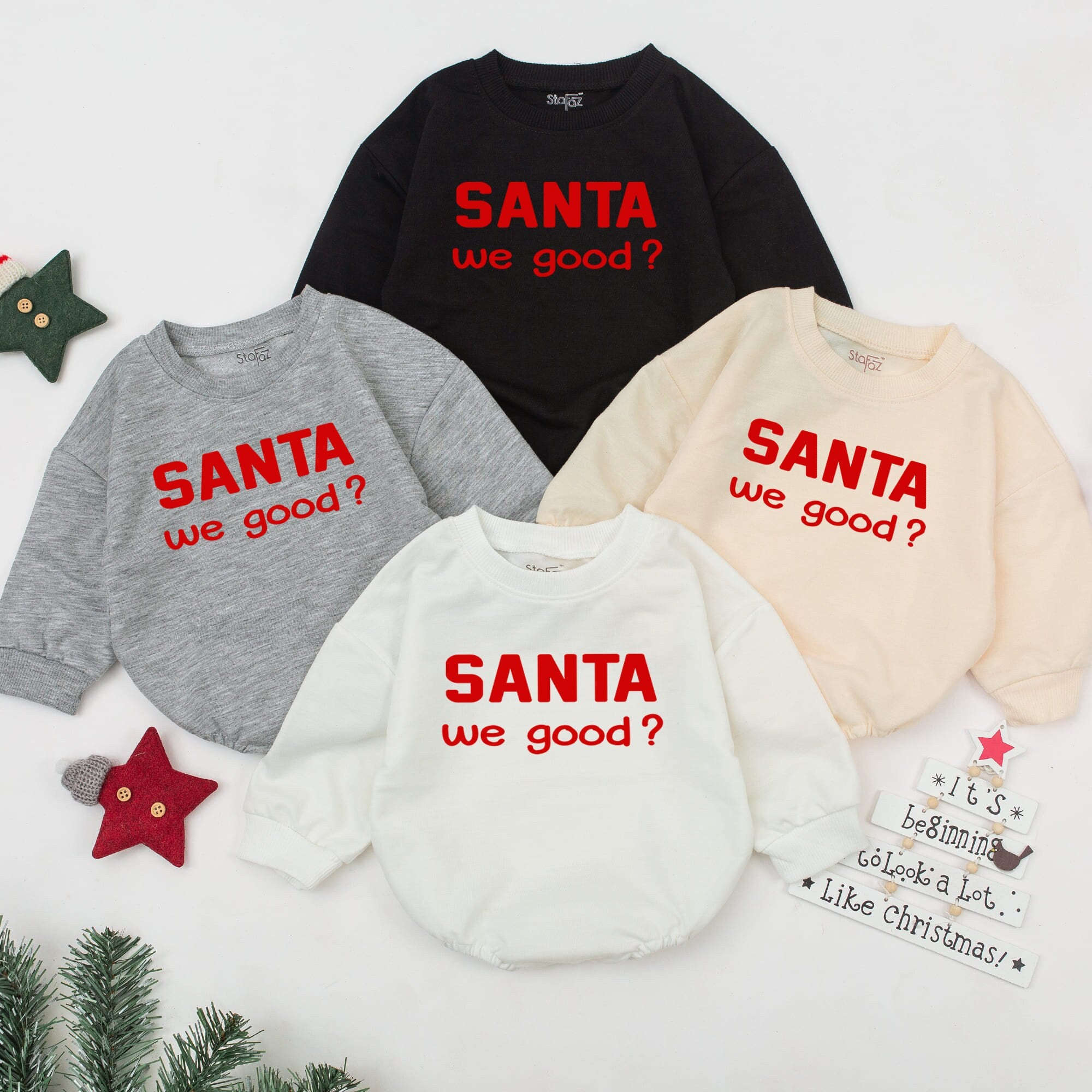 Santa We Good Baby Romper Soft Cozy Christmas Outfit for Boys and Girls Light Red Text Cotton Infant Holiday Gift Retro Style