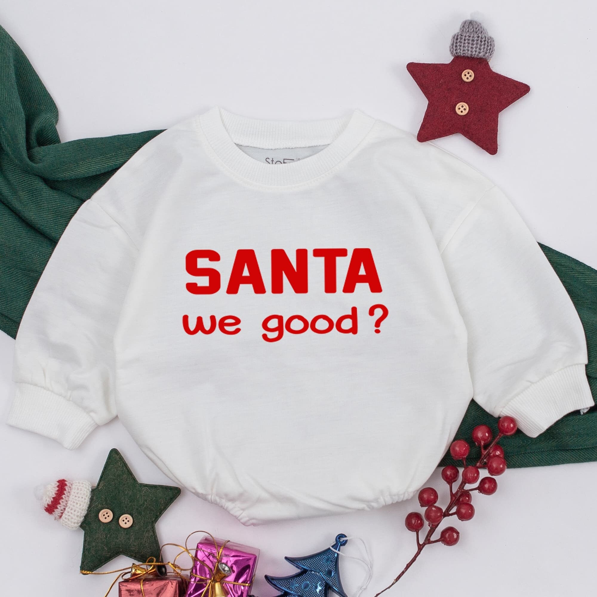 Santa We Good Baby Romper Soft Cozy Christmas Outfit for Boys and Girls Light Red Text Cotton Infant Holiday Gift Retro Style