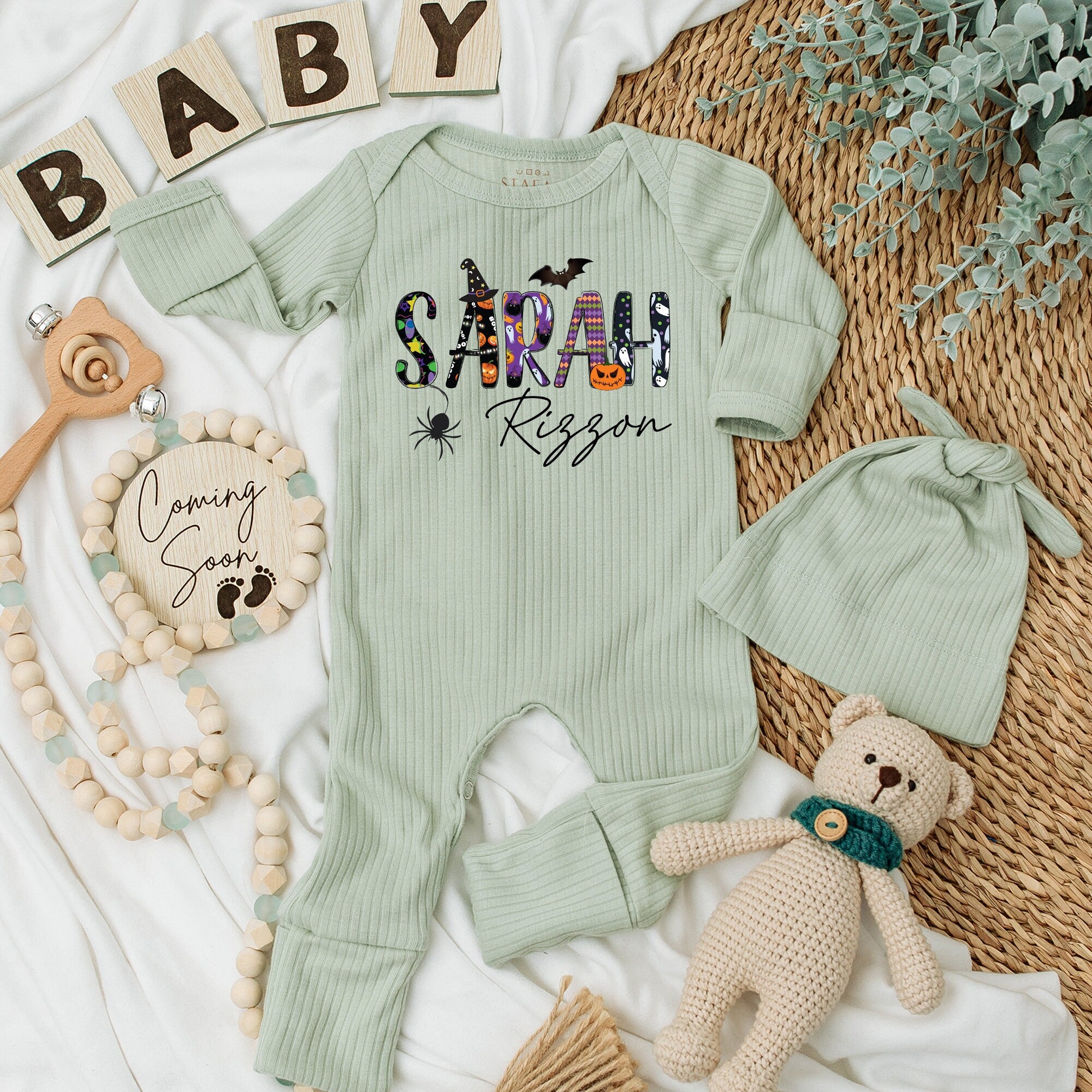 Sarah Halloween-Themed Personalized Baby Romper Soft Long Sleeve Infant Outfit Vibrant Whimsical Design Perfect Gift for Baby Showers