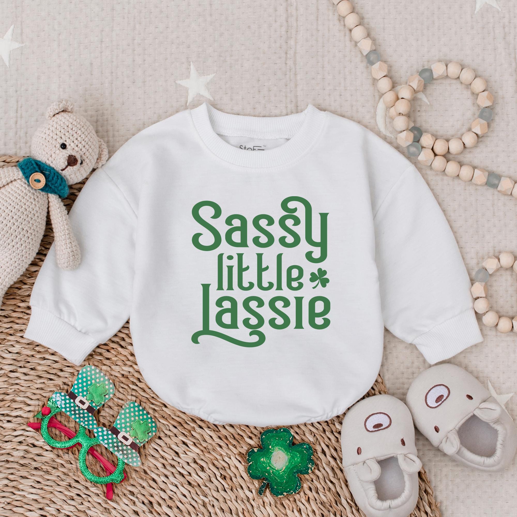 Sassy Little Lassie Baby Romper St Patrick's Day Outfit Light Mauve Irish Baby Bodysuit Newborn Infant Girl Shamrock Design Cotton
