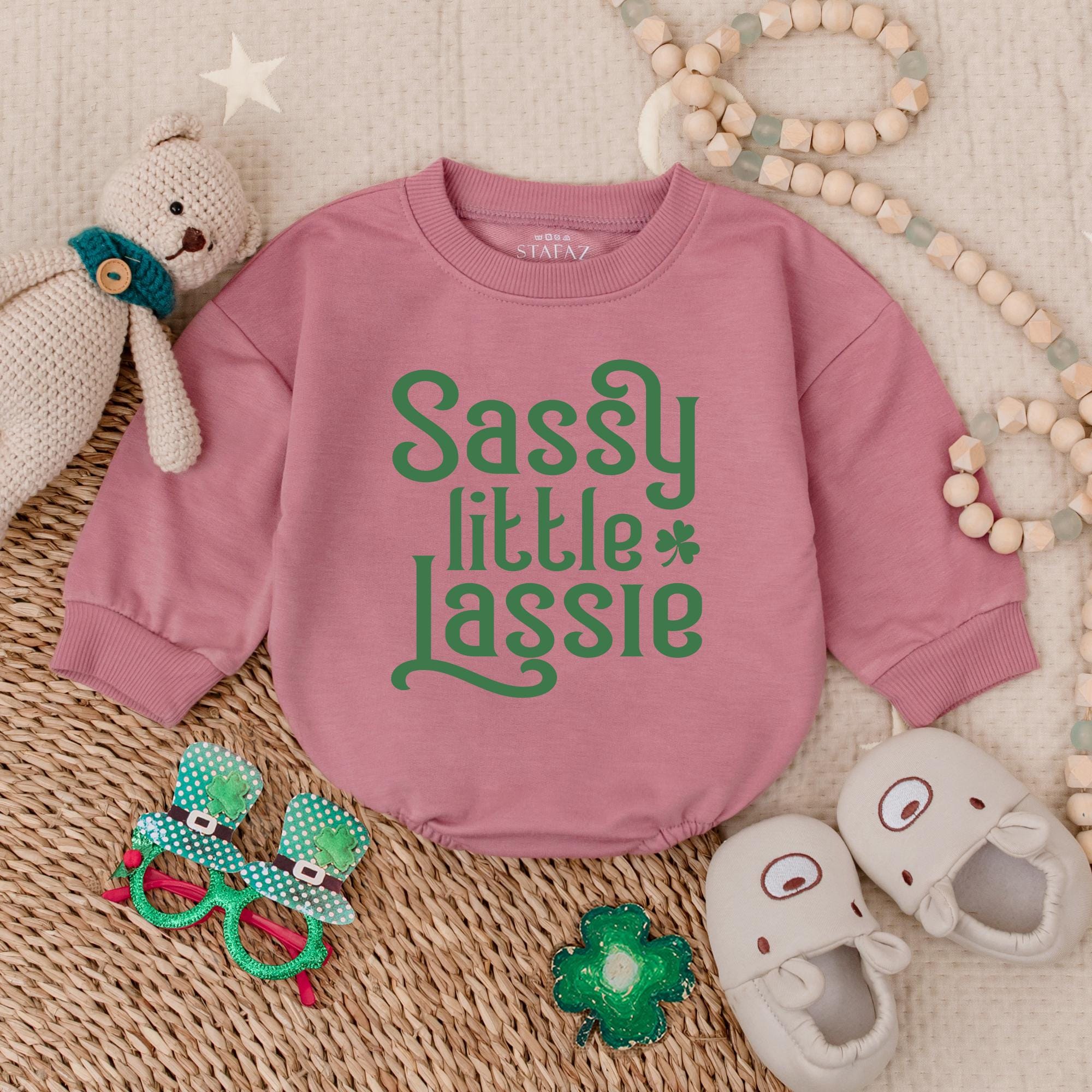 Sassy Little Lassie Baby Romper St Patrick's Day Outfit Light Mauve Irish Baby Bodysuit Newborn Infant Girl Shamrock Design Cotton
