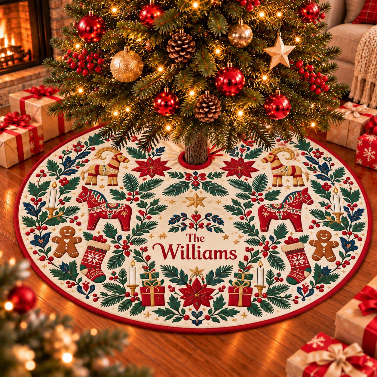 Scandinavian Folk Art Christmas Tree Skirt with Gingerbread and Gifts Design, Holiday Patchwork Base Decor with Custom Name