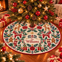 Scandinavian Folk Art Christmas Tree Skirt with Gingerbread and Gifts Design, Holiday Patchwork Base Decor with Custom Name
