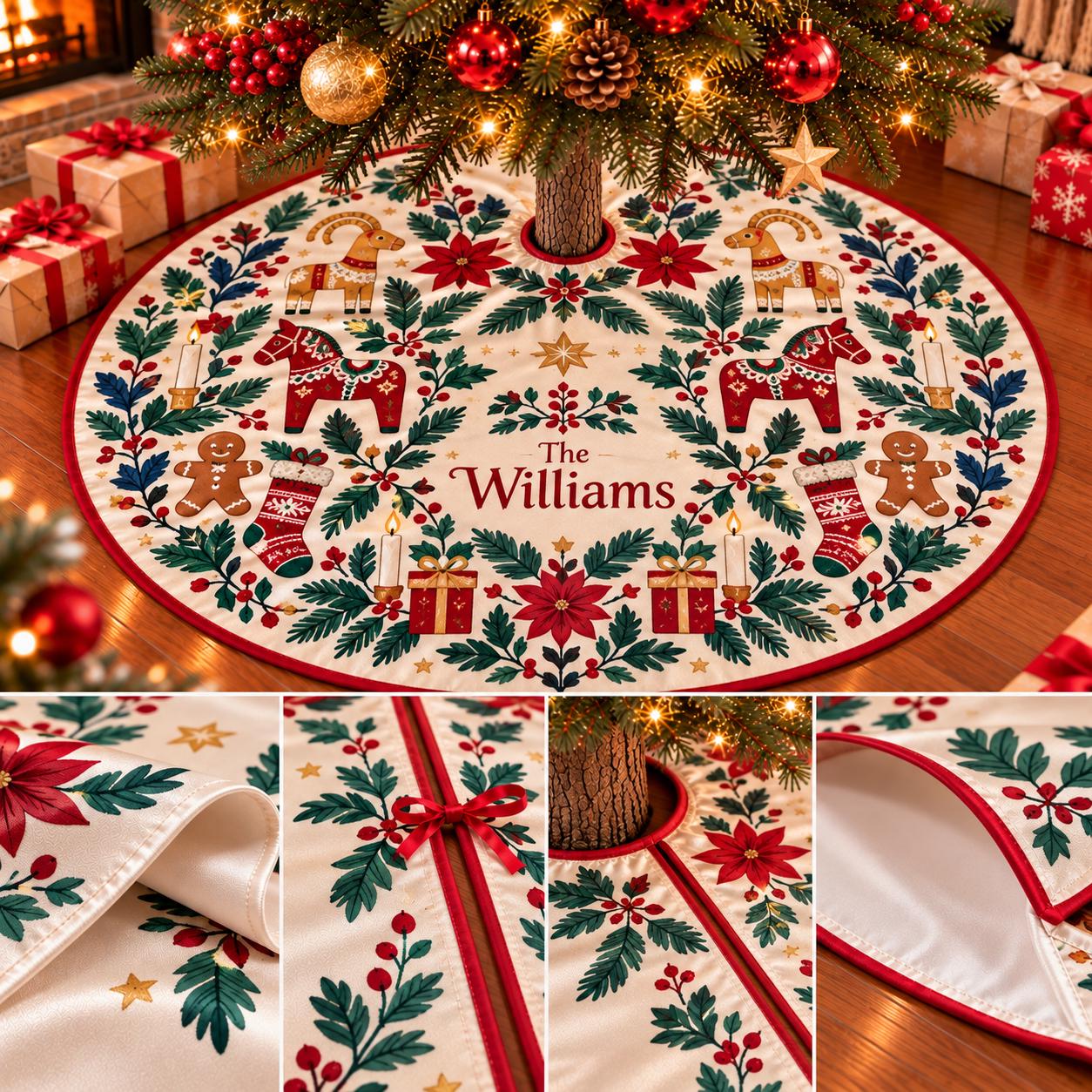 Scandinavian Folk Art Christmas Tree Skirt with Gingerbread and Gifts Design, Holiday Patchwork Base Decor with Custom Name