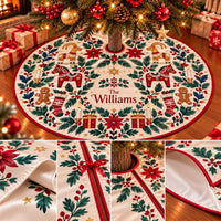 Scandinavian Folk Art Christmas Tree Skirt with Gingerbread and Gifts Design, Holiday Patchwork Base Decor with Custom Name