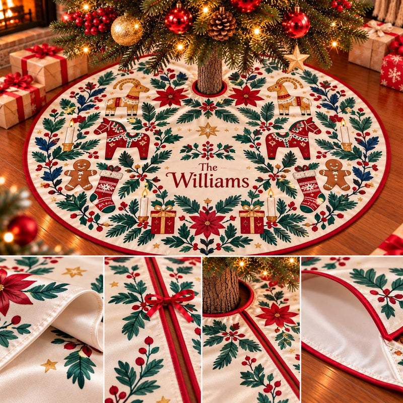 Scandinavian Folk Art Christmas Tree Skirt with Gingerbread and Gifts Design, Holiday Patchwork Base Decor with Custom Name