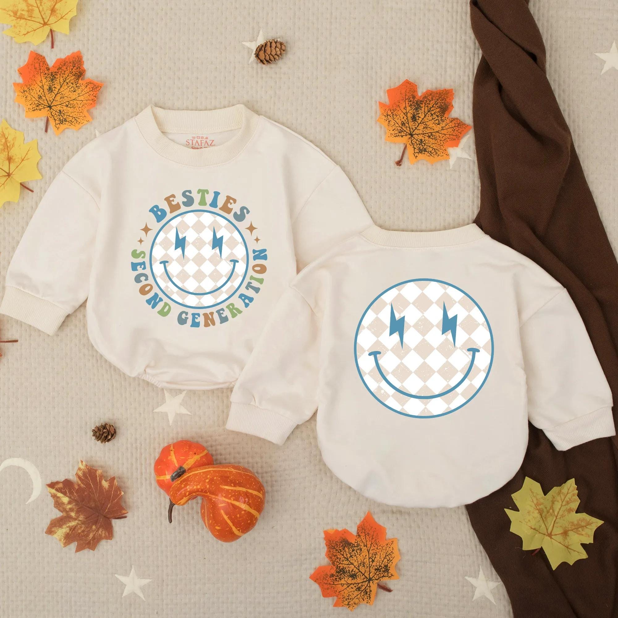 Second Generation Besties Bubble Romper with Retro Smiley Face Design Baby Toddler Clothes Soft Cotton Outfit Perfect Baby Shower Gift