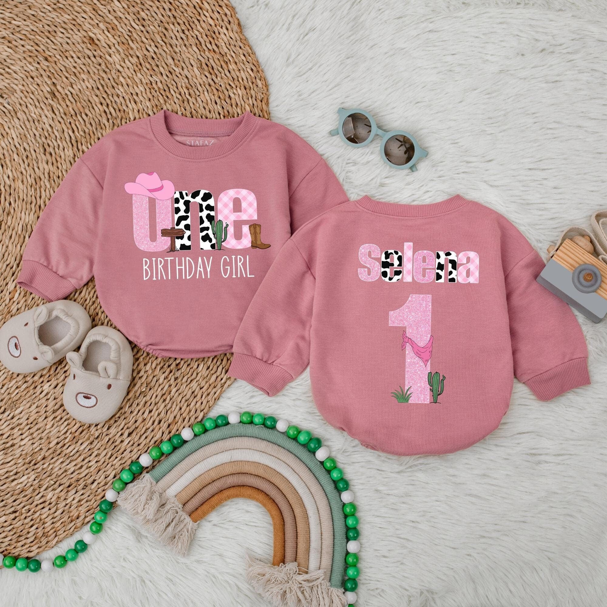 Selena's First Birthday Romper with Western Cowgirl Theme Personalized Outfit for Baby Girl Celebration Soft Comfortable Cotton Design