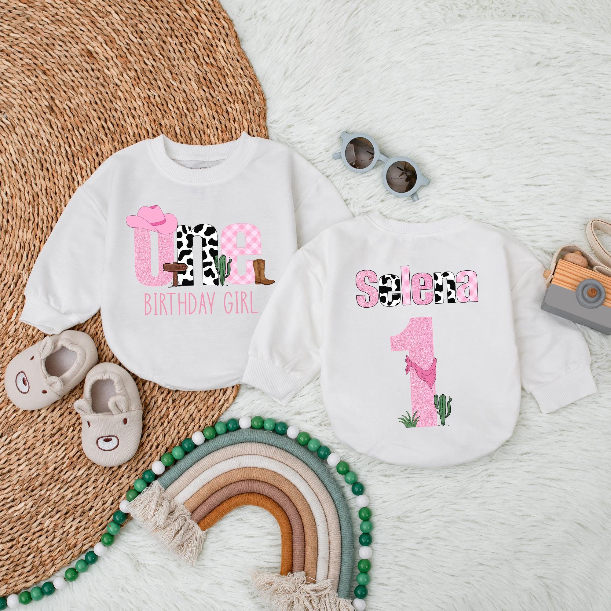 Selena's First Birthday Romper with Western Cowgirl Theme Personalized Outfit for Baby Girl Celebration Soft Comfortable Cotton Design