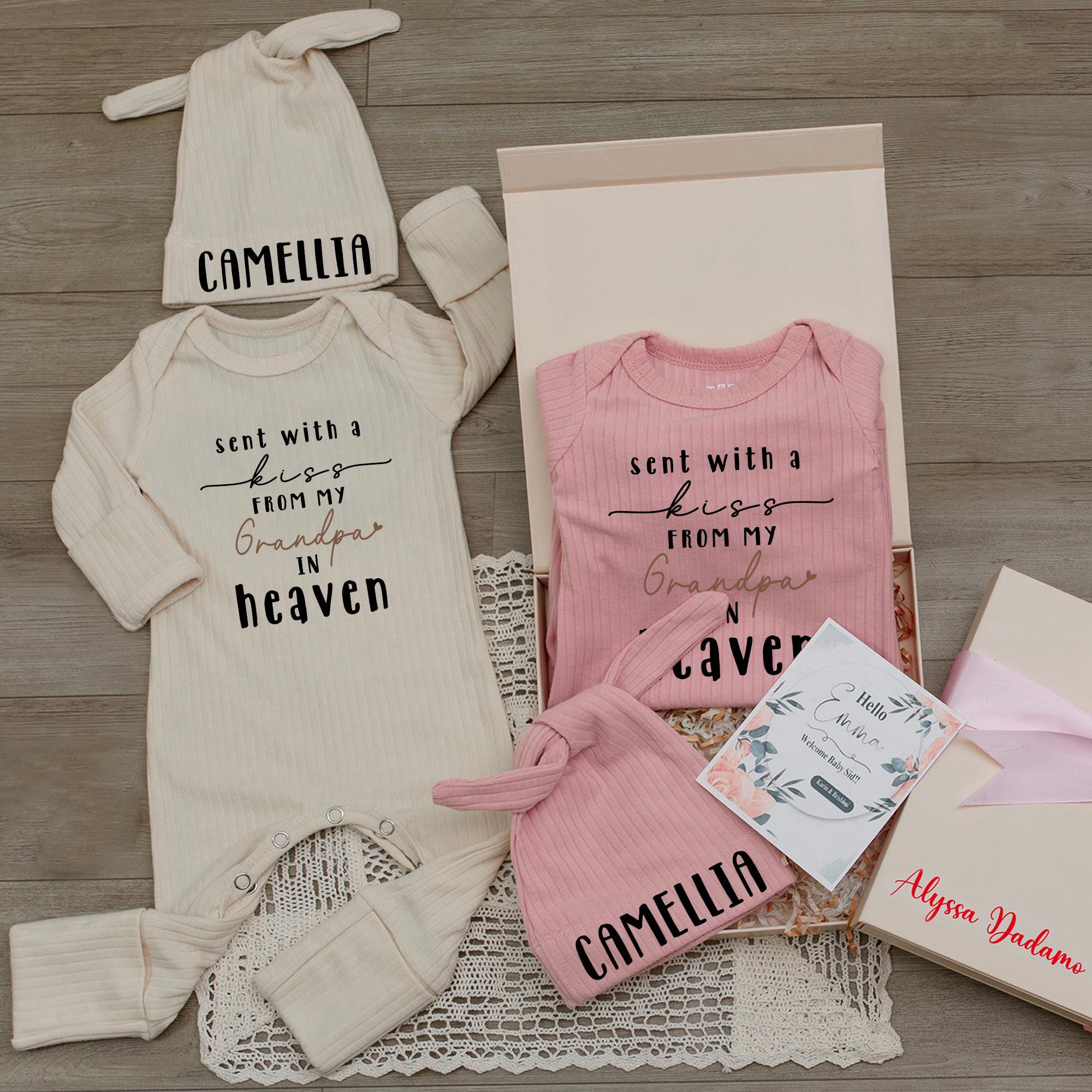 Sent with a Kiss from My Grandma in Heaven Baby Bodysuit and Hat Set, Personalized Newborn Outfit, Baby Shower Gift for Girls or Boys