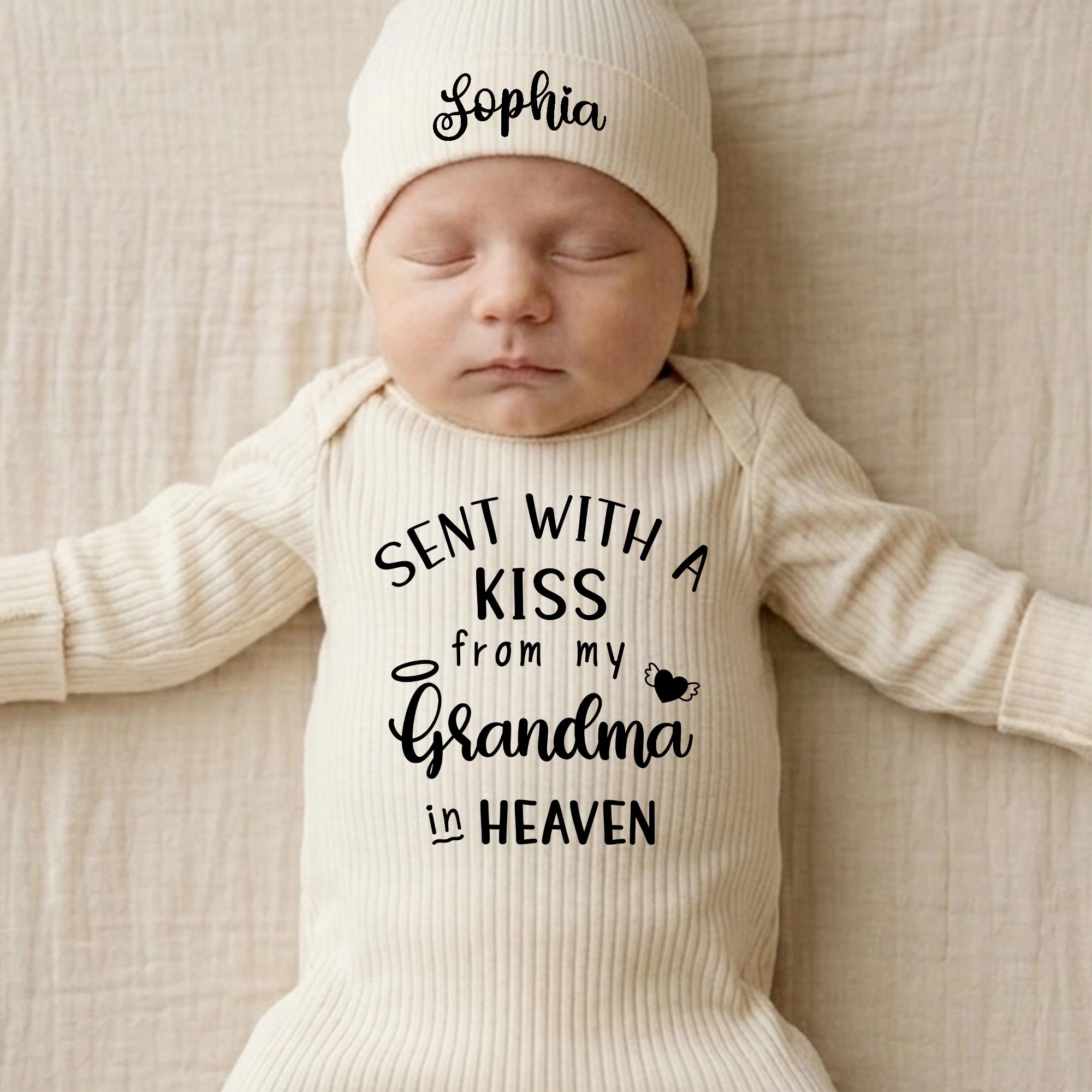Sent With a Kiss From My Grandma in Heaven Baby Bodysuit and Hat Set, Custom Name Newborn Outfit, Memorial Coming Home Gift