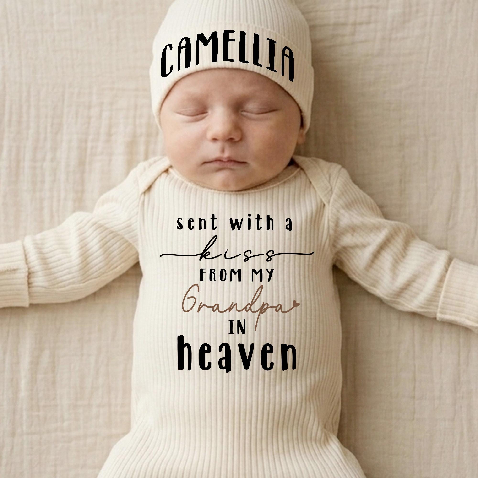 Sent with a Kiss from My Grandma in Heaven Baby Bodysuit and Hat Set, Personalized Newborn Outfit, Baby Shower Gift for Girls or Boys