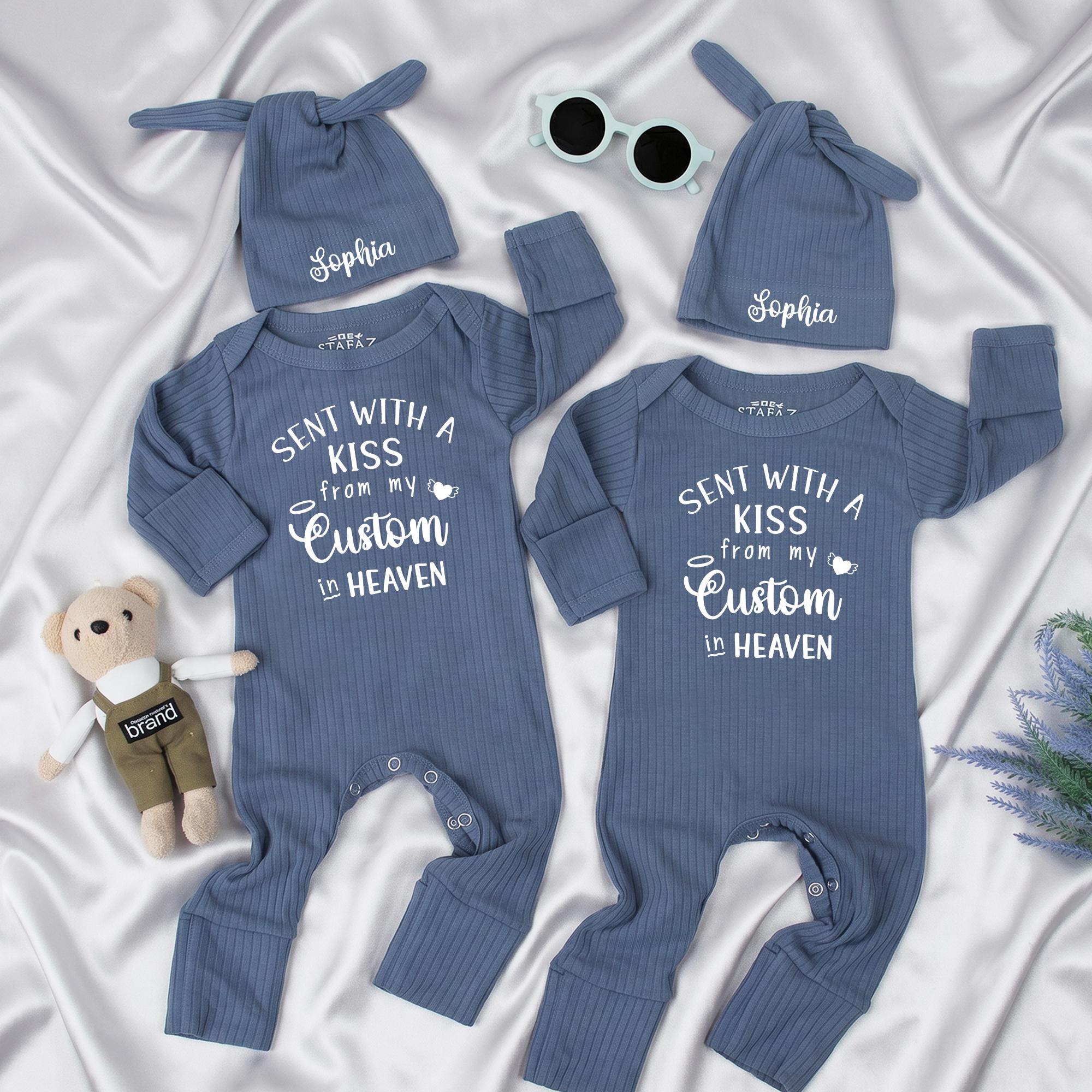 Sent With a Kiss From My Grandma in Heaven Baby Bodysuit and Hat Set, Custom Name Newborn Outfit, Memorial Coming Home Gift