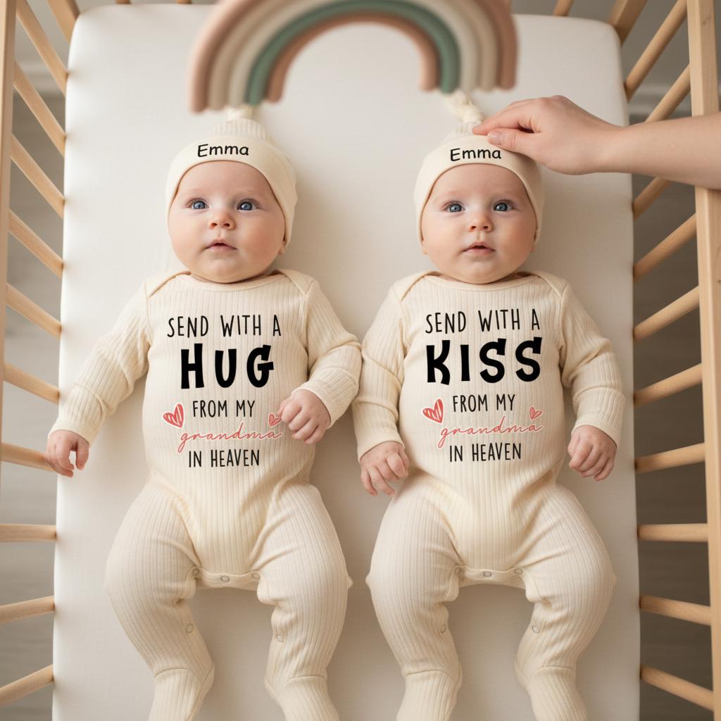 Sent with a Kiss from My Grandma in Heaven Twin Baby Bodysuit Set Cute Twin Outfits Soft Cotton Baby Clothes for Coming Home Outfit
