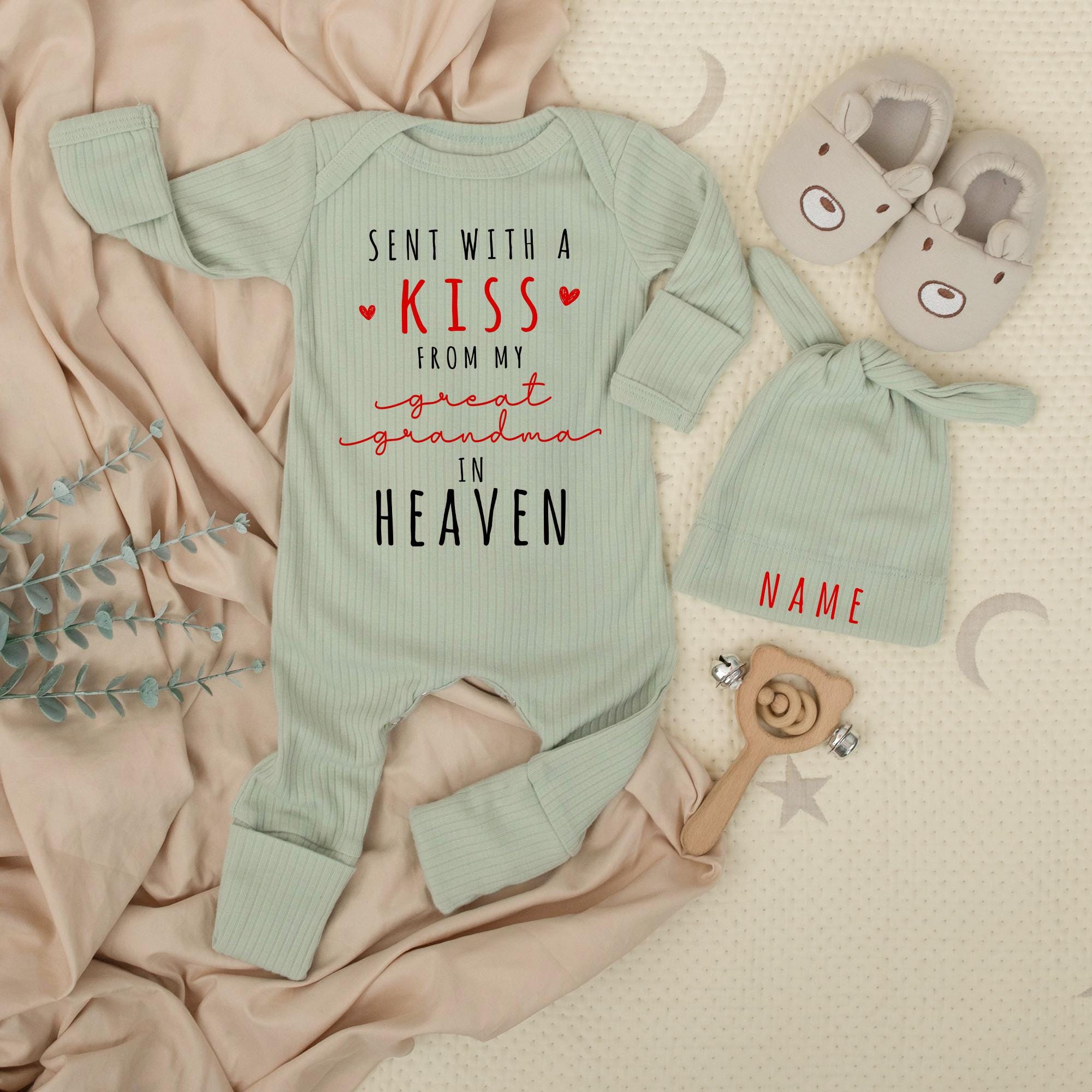Sent With A Kiss From My Great Grandma in Heaven Baby Bodysuit and Hat Set Custom Newborn Outfit Heart Design Baby Shower Gift