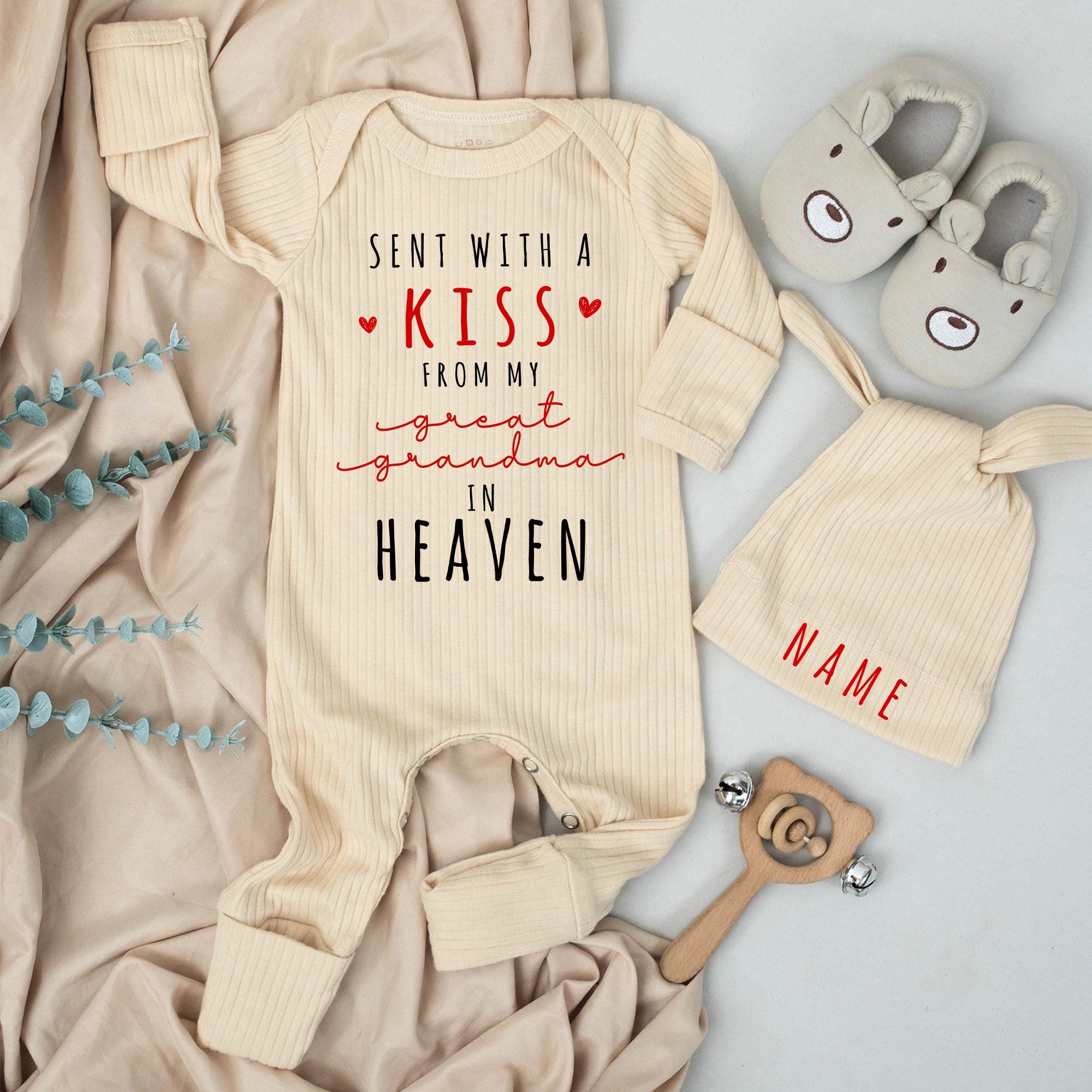 Sent With A Kiss From My Great Grandma in Heaven Baby Bodysuit and Hat Set Custom Newborn Outfit Heart Design Baby Shower Gift