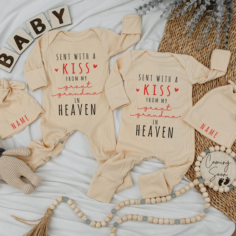 Sent With A Kiss From My Great Grandma In Heaven Baby Outfit Custom Coming Home Clothes Soft Cotton Infant Gift Pregnancy Announcement
