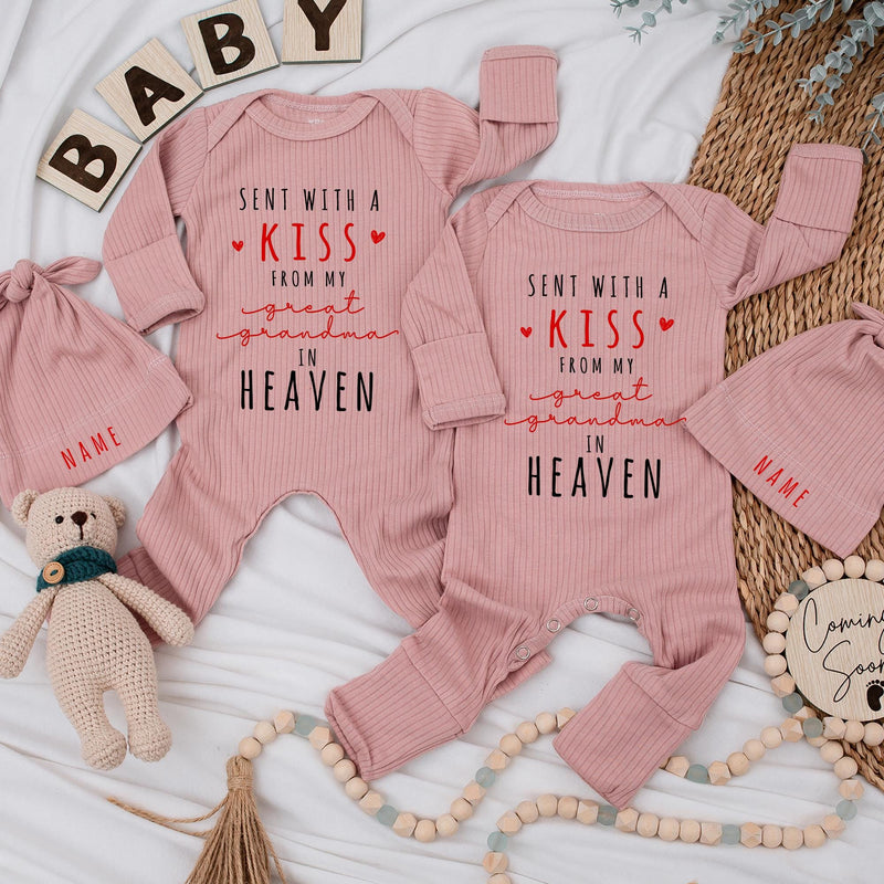 Sent With A Kiss From My Great Grandma In Heaven Baby Outfit Custom Coming Home Clothes Soft Cotton Infant Gift Pregnancy Announcement