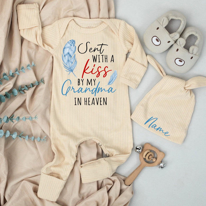 Sent With A Kiss By My Grandma In Heaven Baby Bodysuit Custom Gift Watercolor Feathers Soft Cotton Infant Outfit Personalized Keepsake