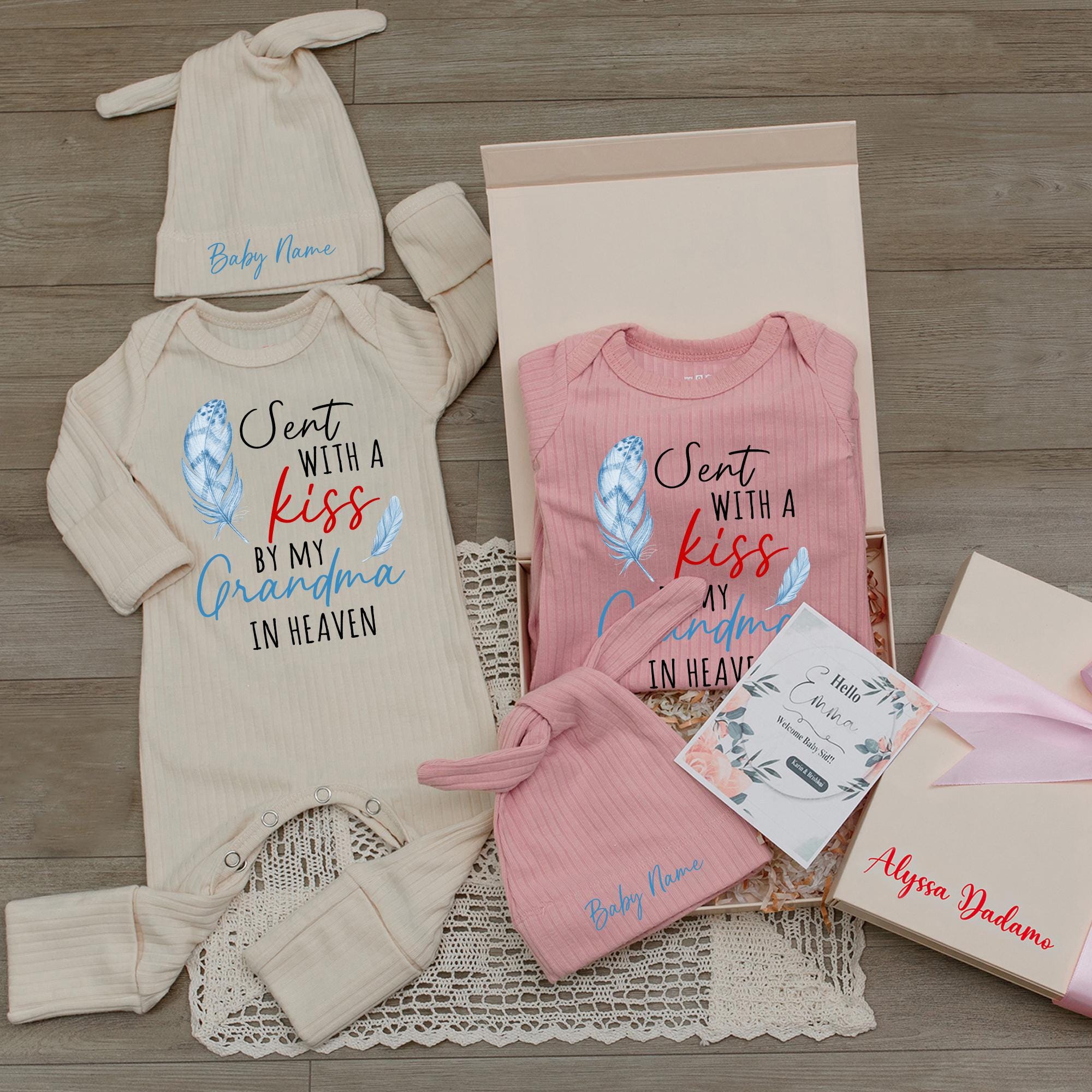 Sent with a Kiss by My Grandma in Heaven Baby Bodysuit and Hat Set, Custom Name, Baby Shower Gift, Memorial Outfit for Newborns