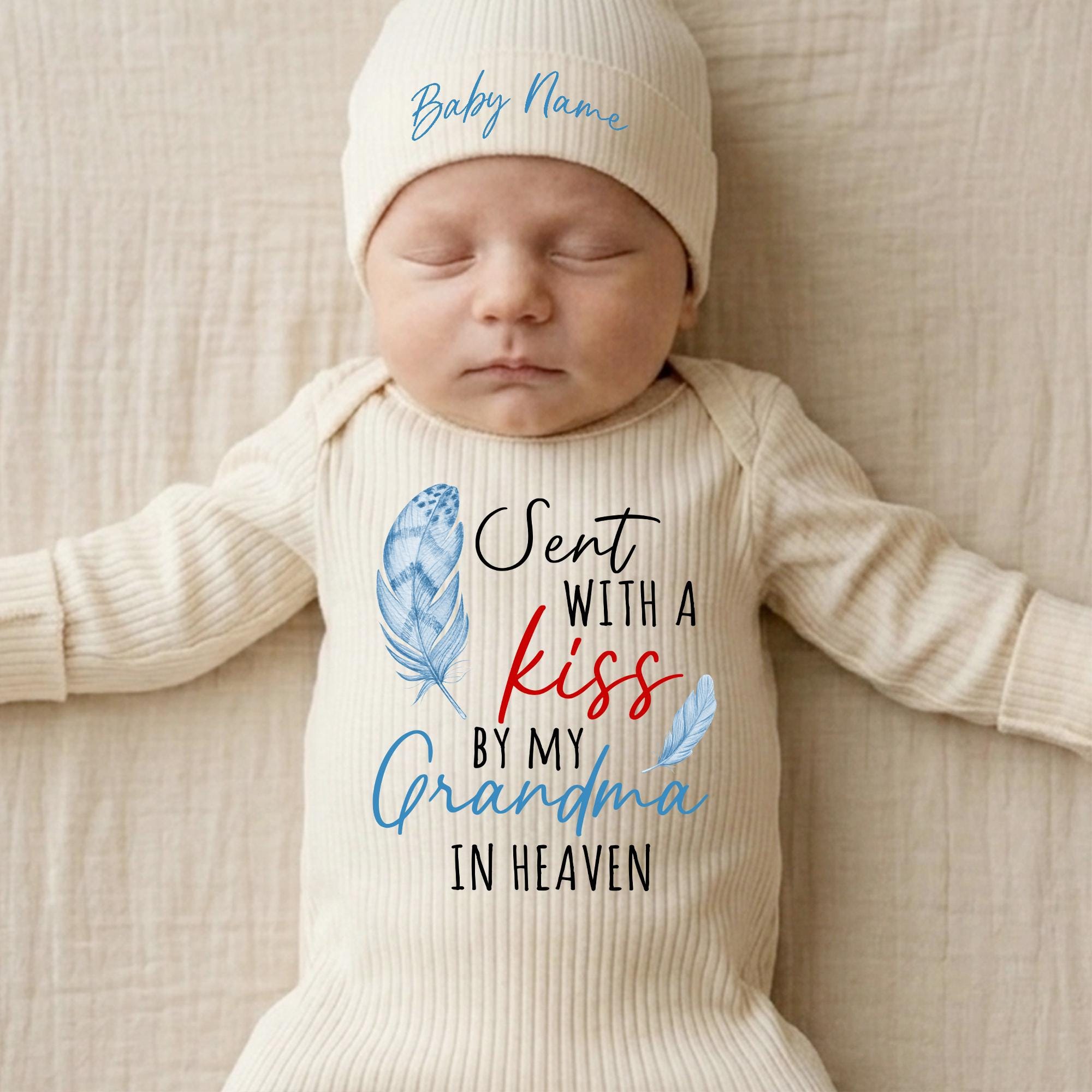 Sent with a Kiss by My Grandma in Heaven Baby Bodysuit and Hat Set, Custom Name, Baby Shower Gift, Memorial Outfit for Newborns