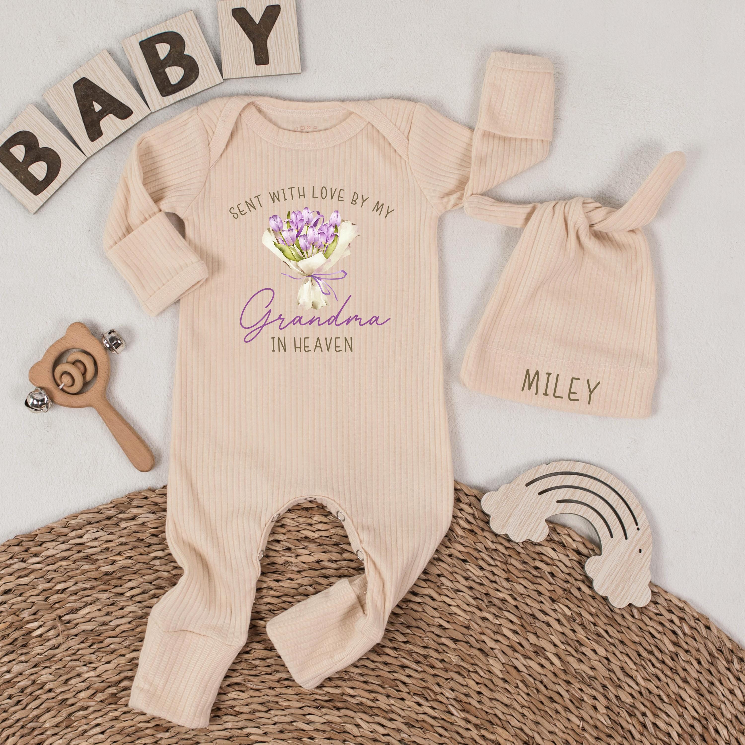 Sent With Love By My Grandma In Heaven Baby Bodysuit with Floral Artwork and Custom Name Hat, Newborn Memorial Outfit