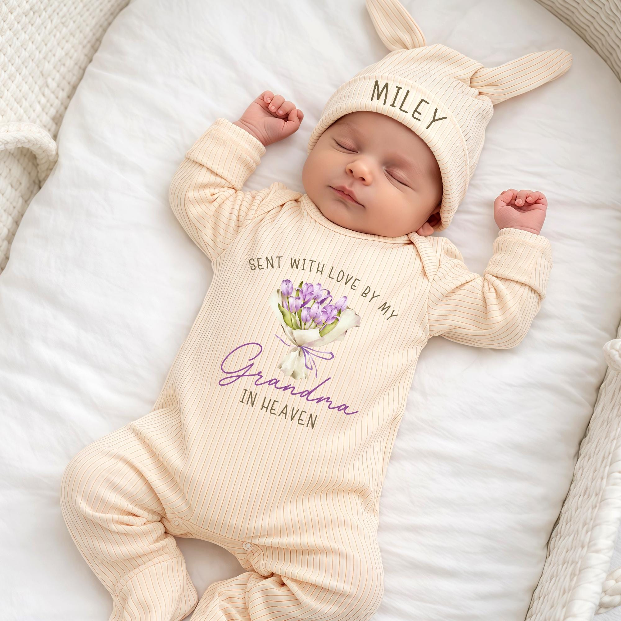 Sent With Love By My Grandma In Heaven Baby Bodysuit with Floral Artwork and Custom Name Hat, Newborn Memorial Outfit