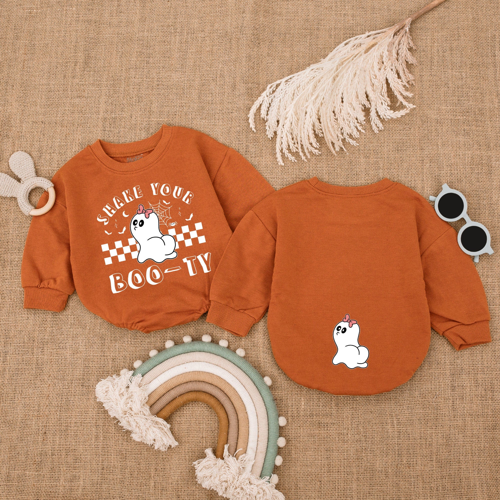Shake Your Boo-ty Baby Romper Cute Ghost Halloween Outfit for Girls Pink Bow Bodysuit Festive Checkered Design Infant Holiday Clothes