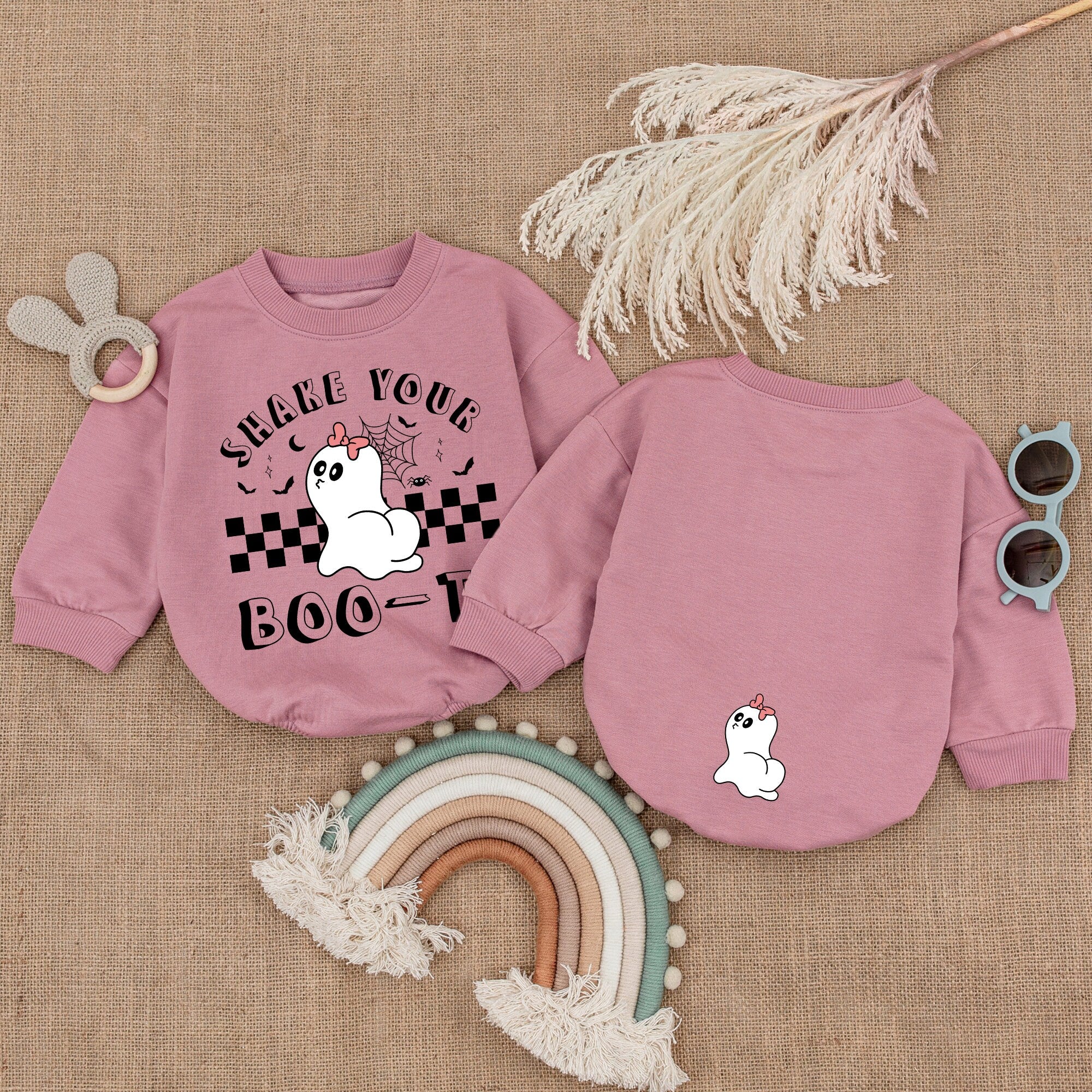 Shake Your Boo-ty Baby Romper Cute Ghost Halloween Outfit for Girls Pink Bow Bodysuit Festive Checkered Design Infant Holiday Clothes
