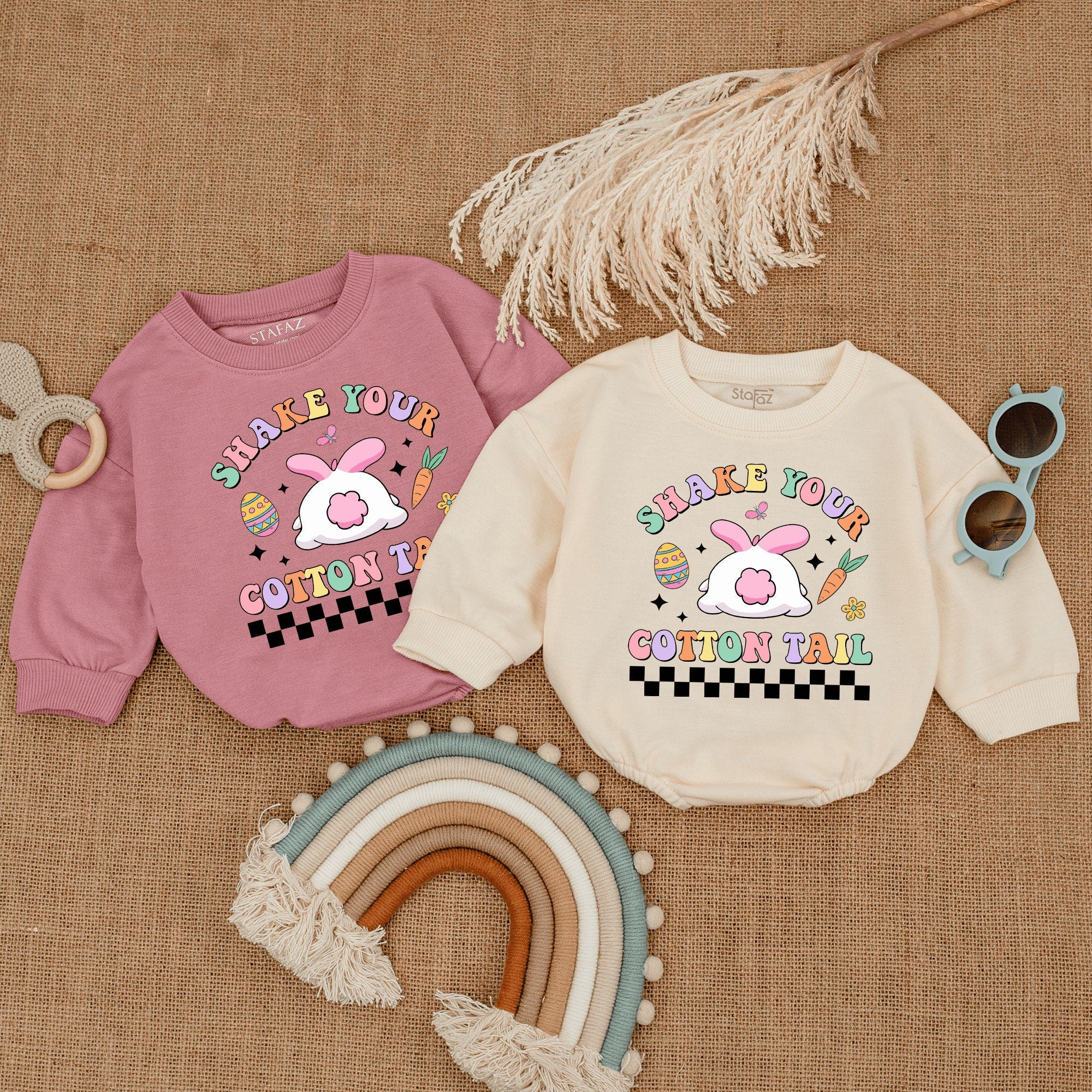 Shake Your Cotton Tail Easter Bunny Romper Baby Girls Outfit with Pink Tail and Eggs Soft Cotton Toddler Holiday Bodysuit