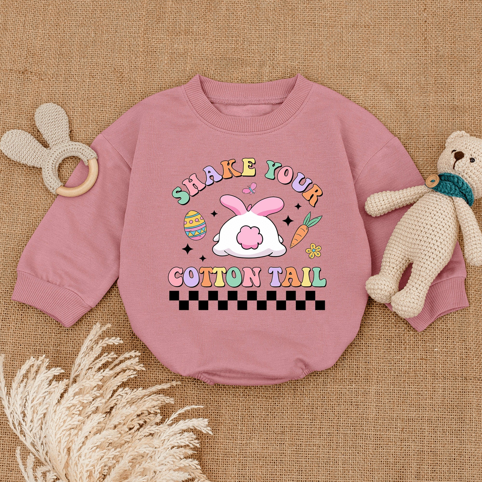 Shake Your Cotton Tail Easter Bunny Romper Baby Girls Outfit with Pink Tail and Eggs Soft Cotton Toddler Holiday Bodysuit