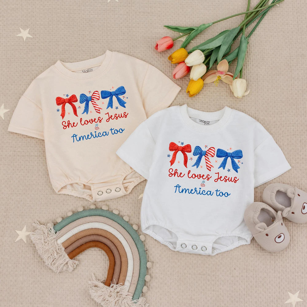 She Loves Jesus and America Too Baby Girl Romper with Patriotic Bows Fourth of July Outfit for Infant Holiday or Party Wear USA