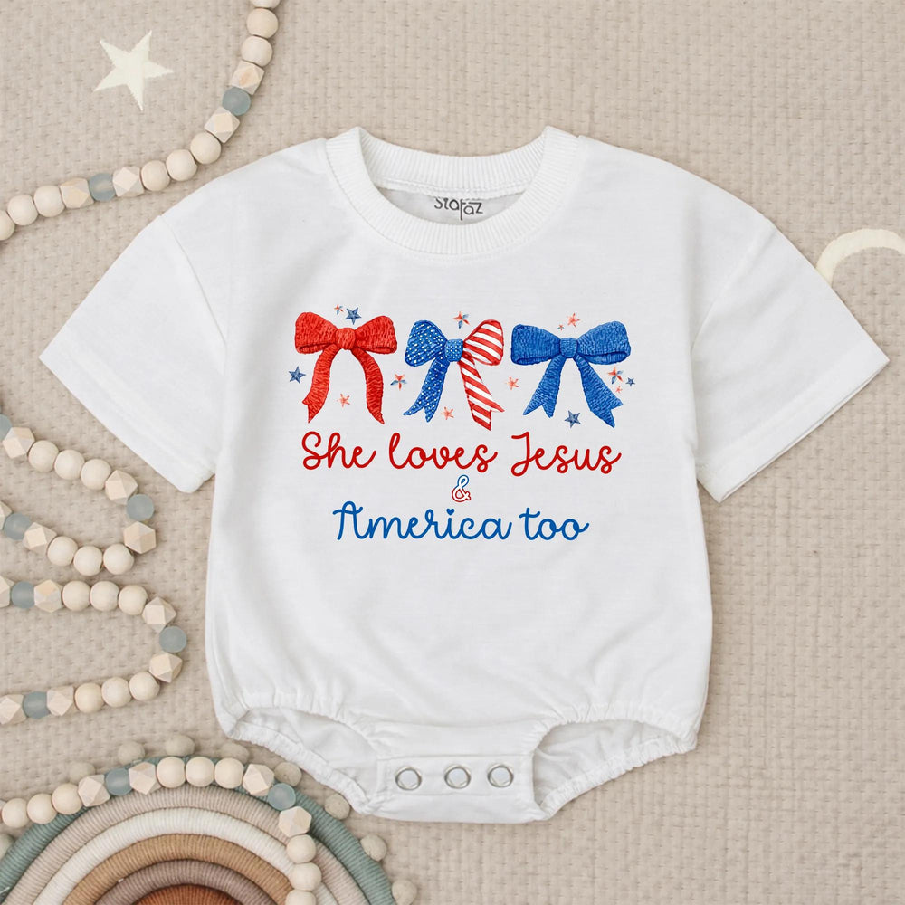 She Loves Jesus and America Too Baby Girl Romper with Patriotic Bows Fourth of July Outfit for Infant Holiday or Party Wear USA
