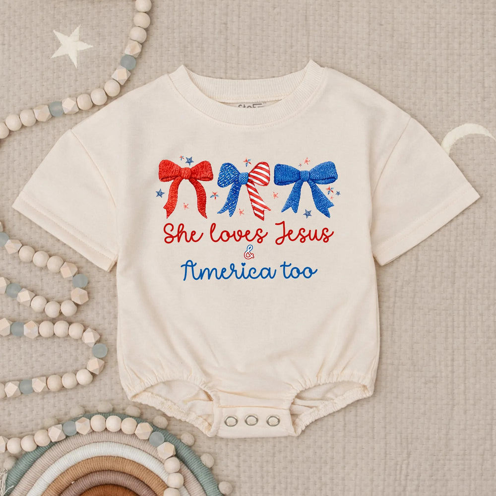 She Loves Jesus and America Too Baby Girl Romper with Patriotic Bows Fourth of July Outfit for Infant Holiday or Party Wear USA