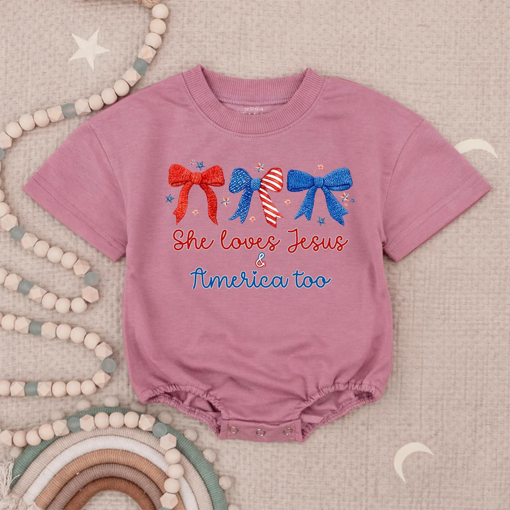She Loves Jesus and America Too Baby Girl Romper with Patriotic Bows Fourth of July Outfit for Infant Holiday or Party Wear USA